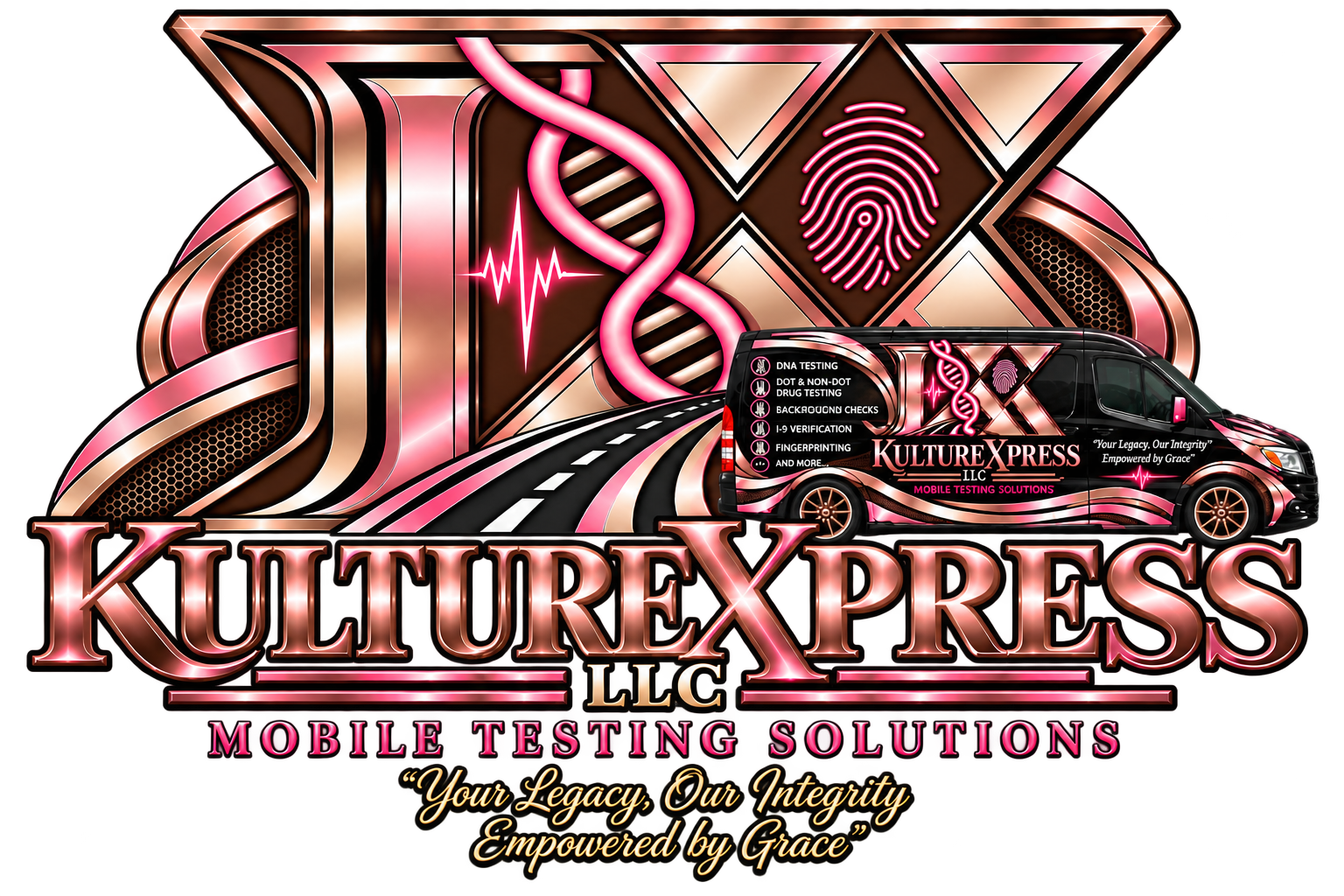 Kulture Xpress Mobile Testing Solutions logo with DNA, fingerprint, and branded vehicle